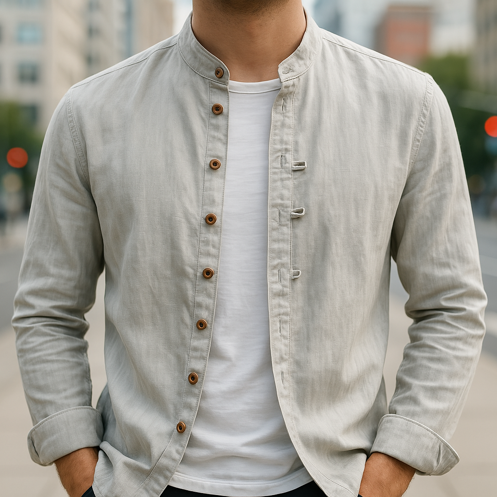 Men's Band Collar Button-Up Shirt | Long Sleeve