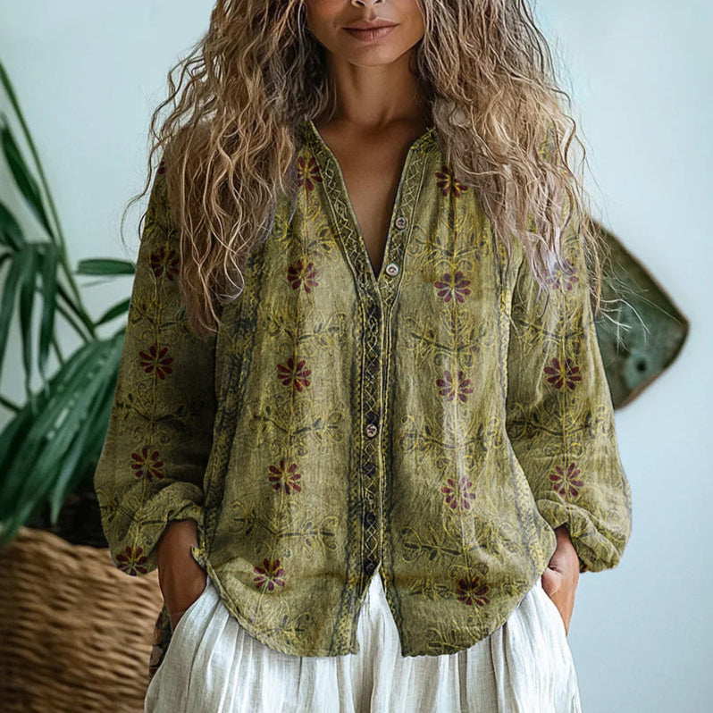 Women's Leaf Print Button-Up Blouse | V-Neck