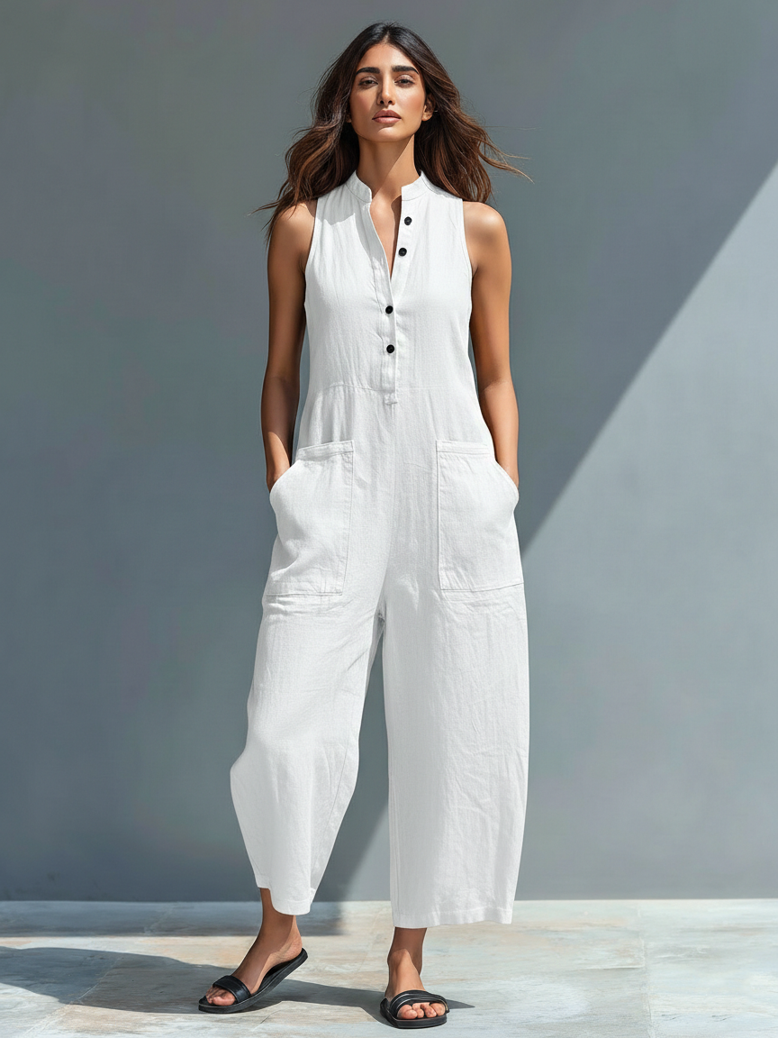 Women's Sleeveless Wide-Leg Jumpsuit | Button-Front