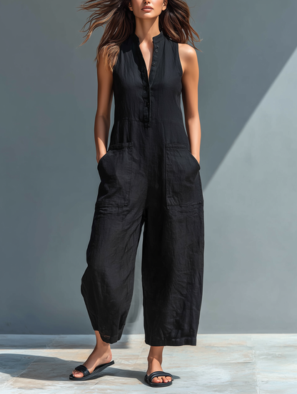 Women's Sleeveless Wide-Leg Jumpsuit | Button-Front