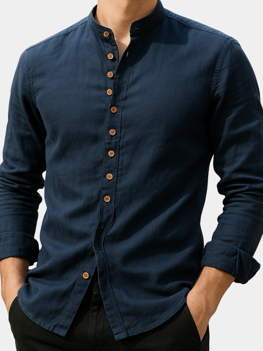 Men's Band Collar Button-Up Shirt | Long Sleeve
