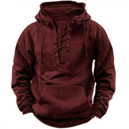 Men's Lace-Up Pullover Hoodie | Kangaroo Pocket