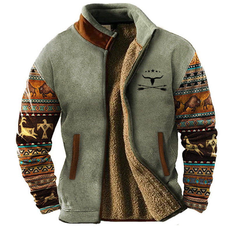 Men's Patterned Stand Collar Jacket | Zip-Up