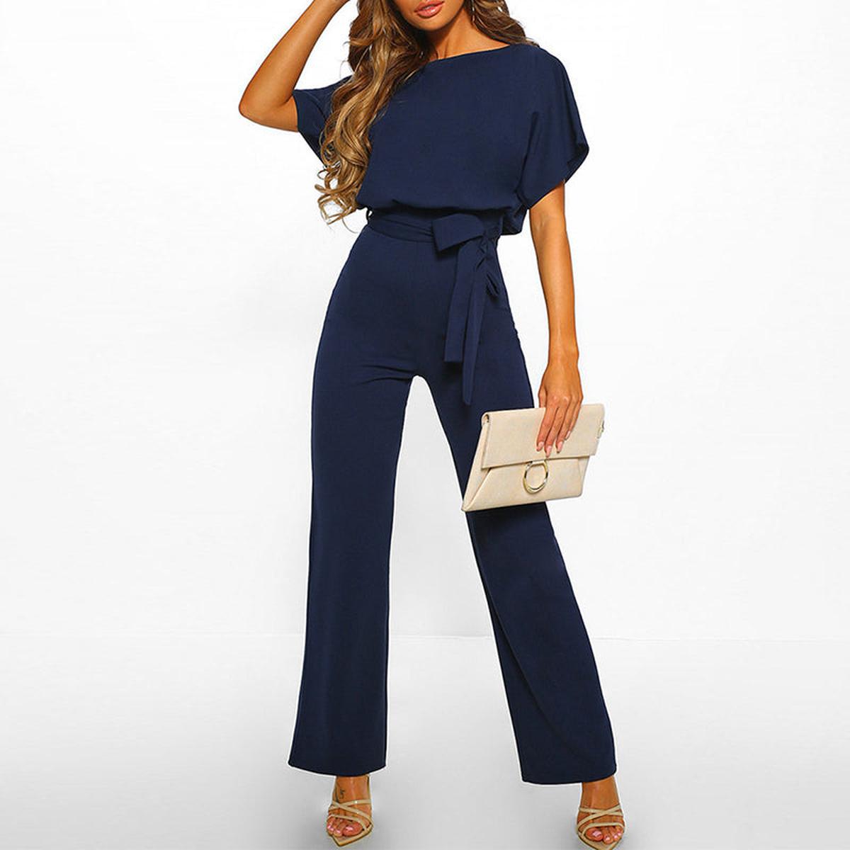 Women's Belted Short Sleeve Jumpsuit | Wide Leg