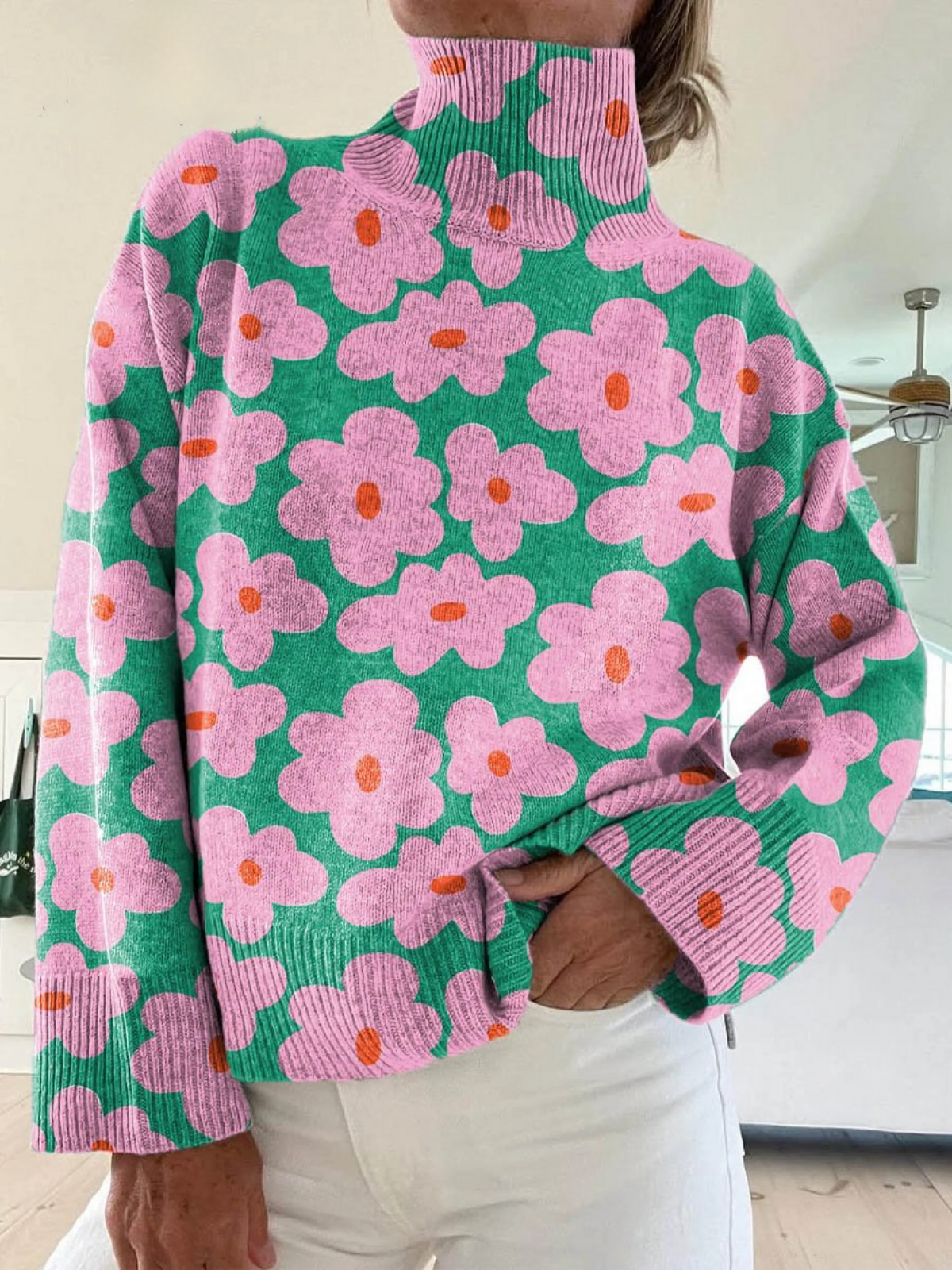Women's Floral Mock Neck Jumper | Relaxed Fit