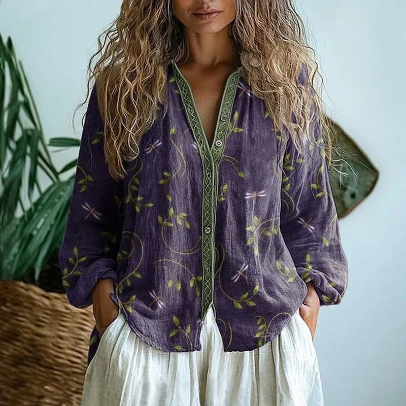 Women's Leaf Print Button-Up Blouse | V-Neck