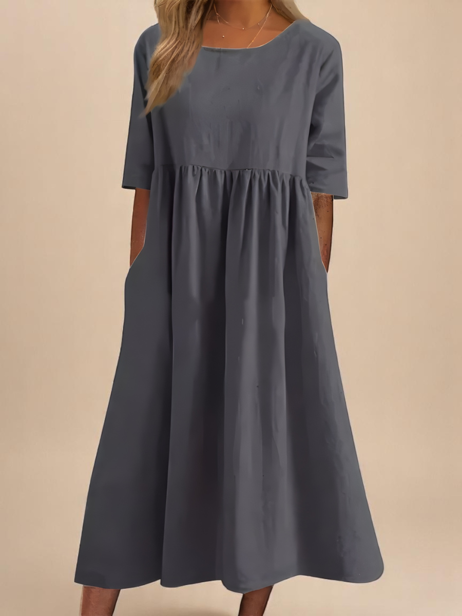 Women's Round Neck Pocket Dress | Midi