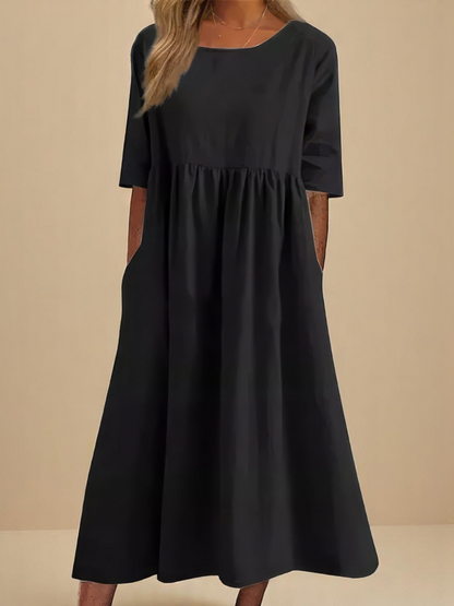 Women's Round Neck Pocket Dress | Midi