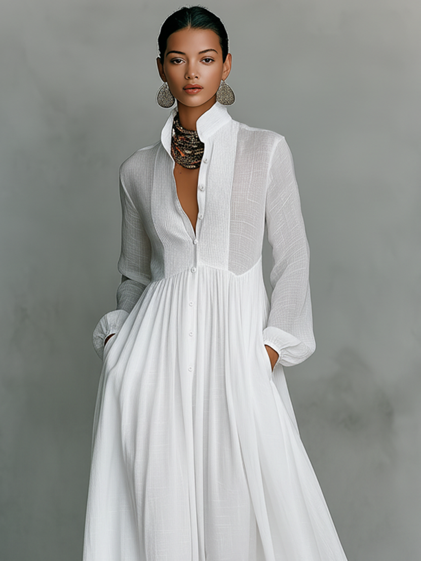 Women's Stand Collar Shirt Dress | Maxi