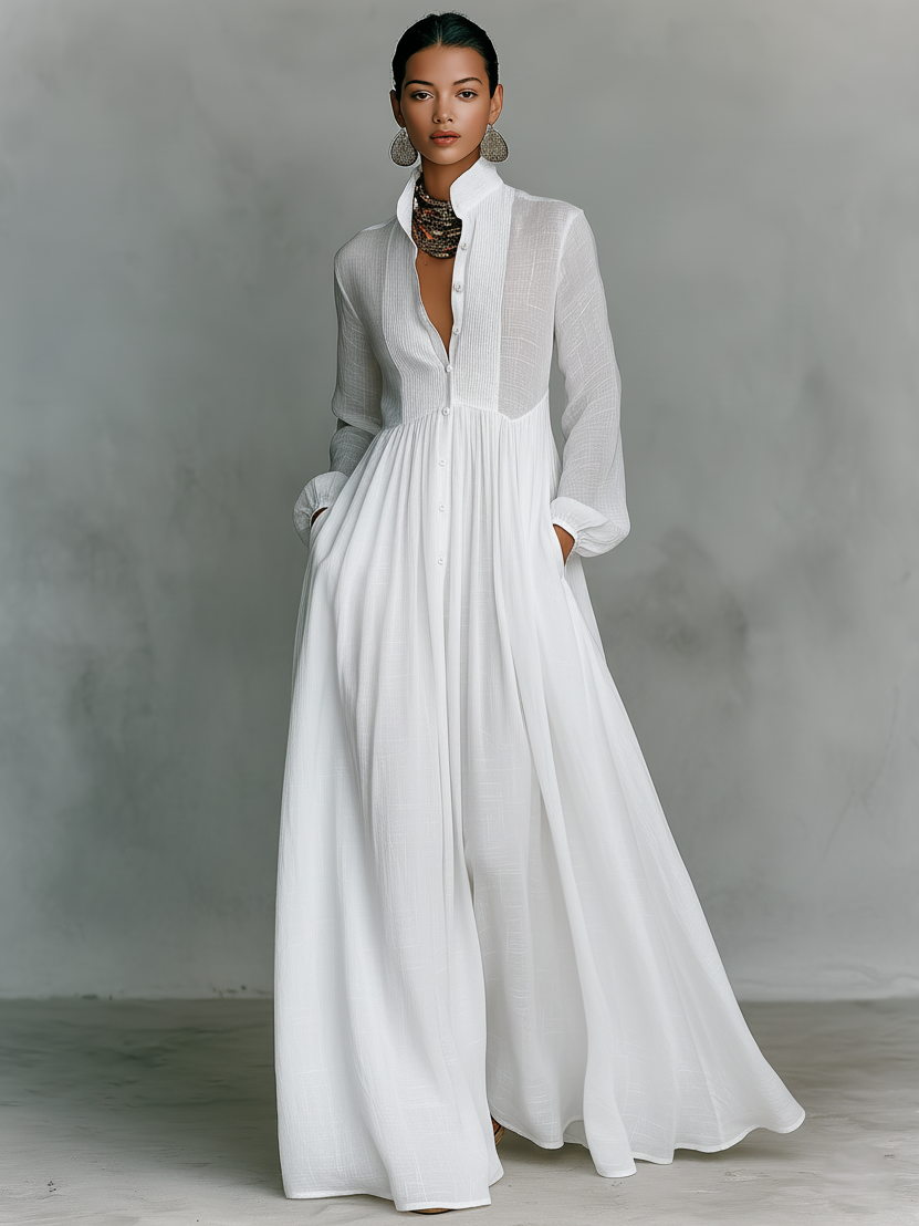 Women's Stand Collar Shirt Dress | Maxi