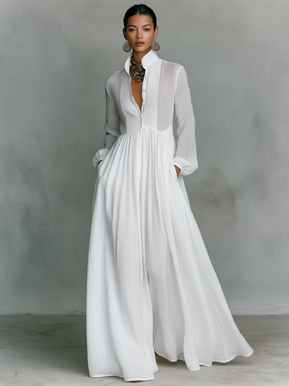 Women's Stand Collar Shirt Dress | Maxi